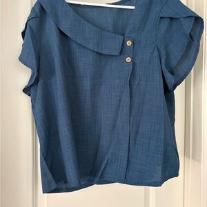 SHEIN Blue Short Sleeve Asymmetric Button Blouse